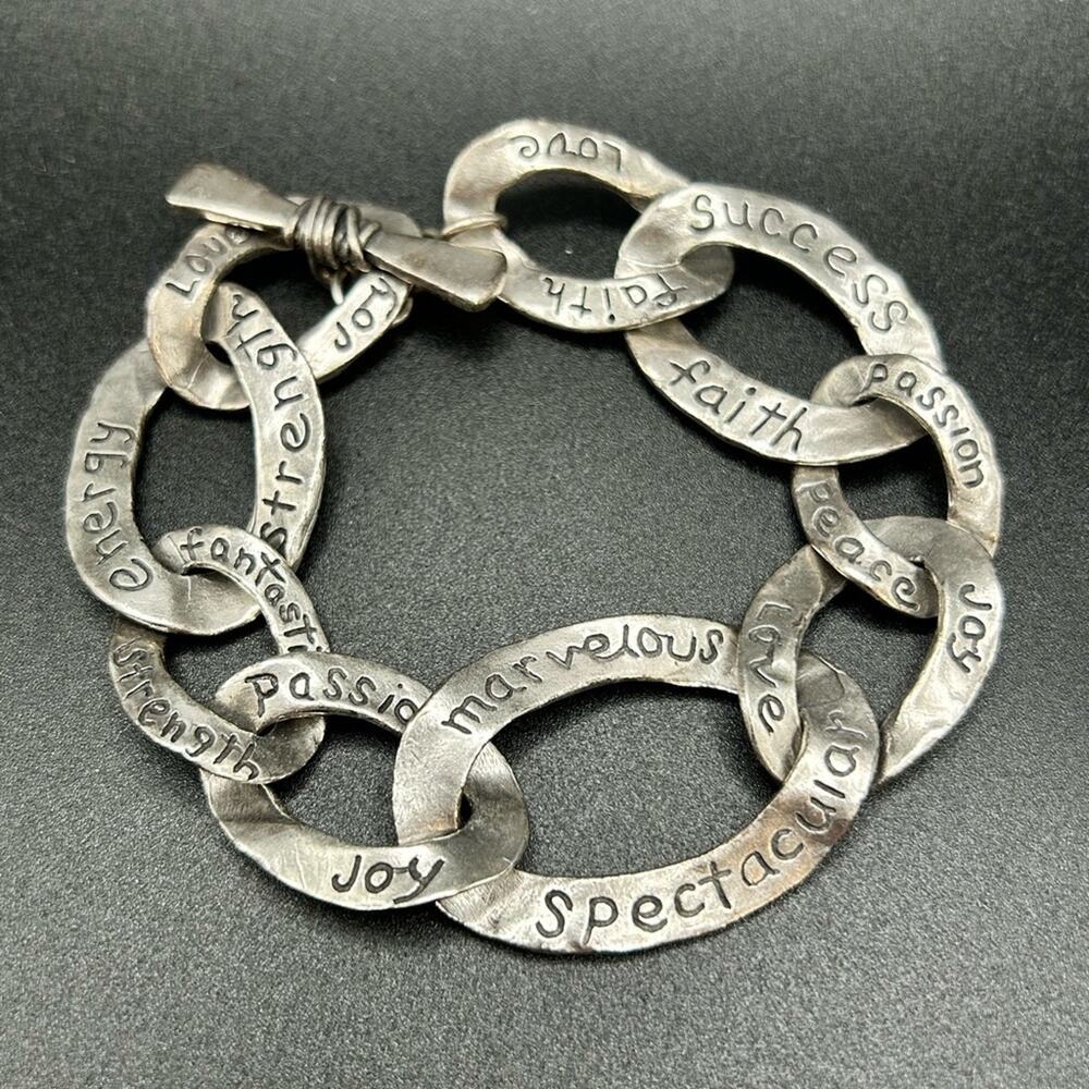 Inspirational Large Link Bracelet New! Silver tone Faith Love Success Joy #98